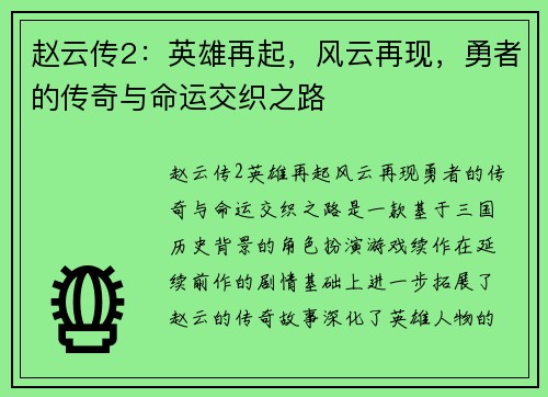 赵云传2：英雄再起，风云再现，勇者的传奇与命运交织之路
