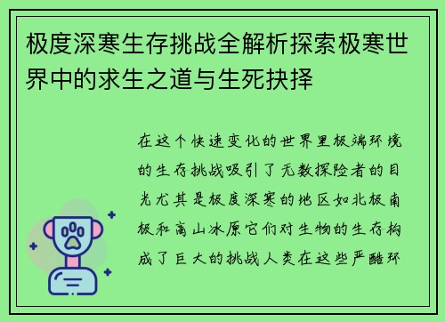 极度深寒生存挑战全解析探索极寒世界中的求生之道与生死抉择