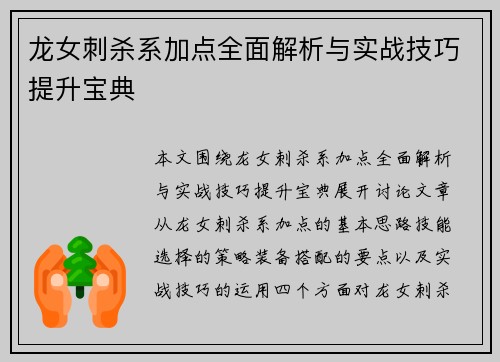 龙女刺杀系加点全面解析与实战技巧提升宝典